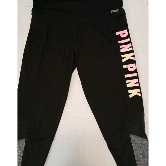 Victoria Secret Pink Ultimate Black/Gray Athletic Leggings Sheer Pockets Large - Picture 2 of 16